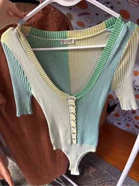 Free People Striped Colorblock Ribbed Bodysuit in Green, Yellow & Cream